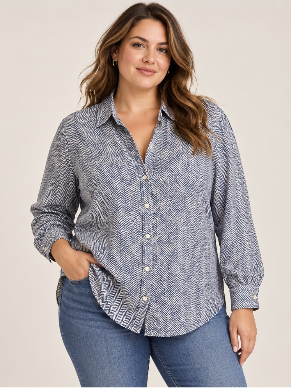 Ann Taylor Navy Chevron Button-Down Shirt Size-Large Corporate Casual
